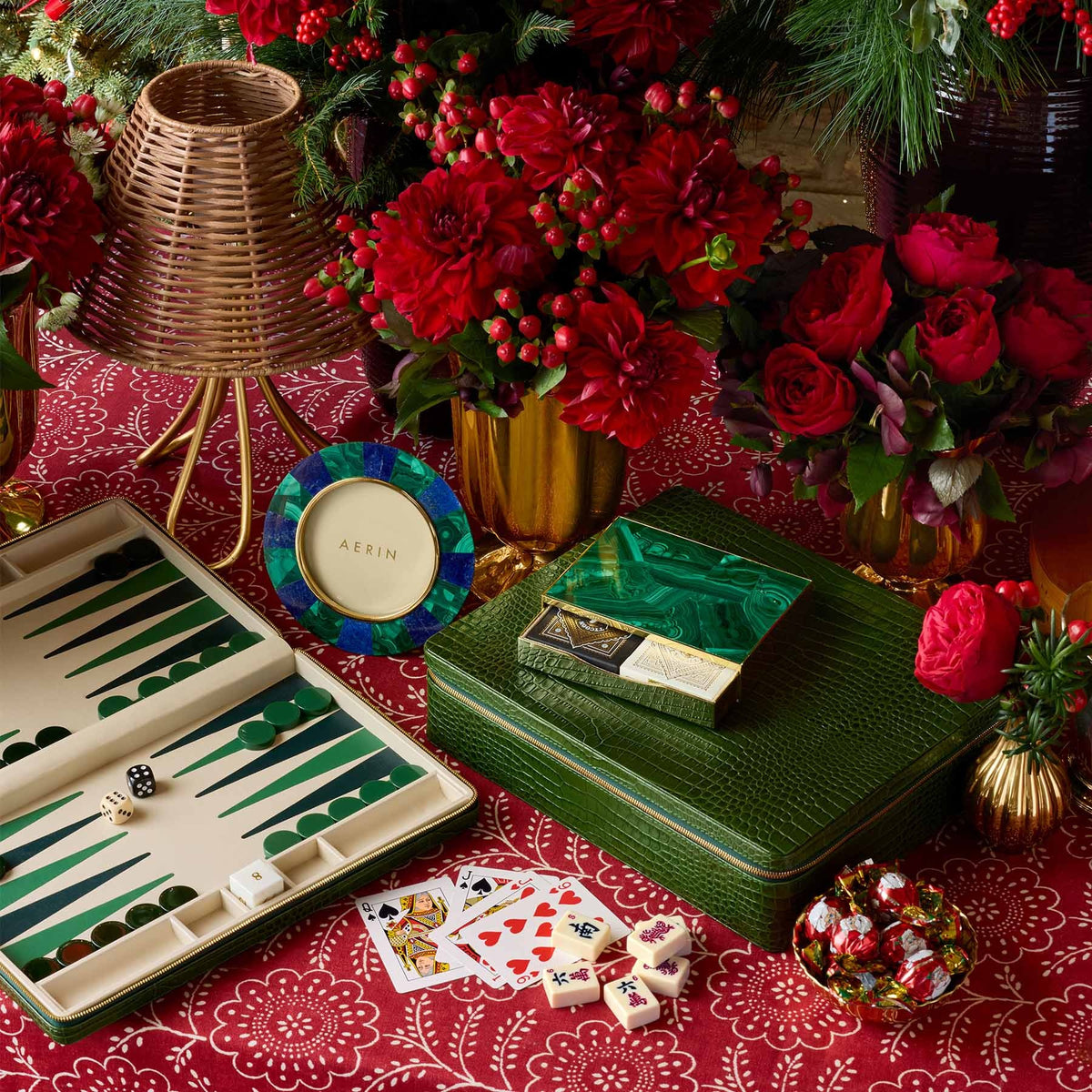AERIN Enzo travel games in Verde and Cassiel Mosaic Card Set in Malachite on a holiday table