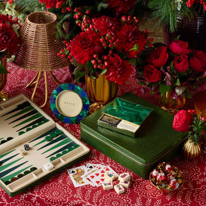 AERIN Enzo travel games in Verde and Cassiel Mosaic Card Set in Malachite on a holiday table