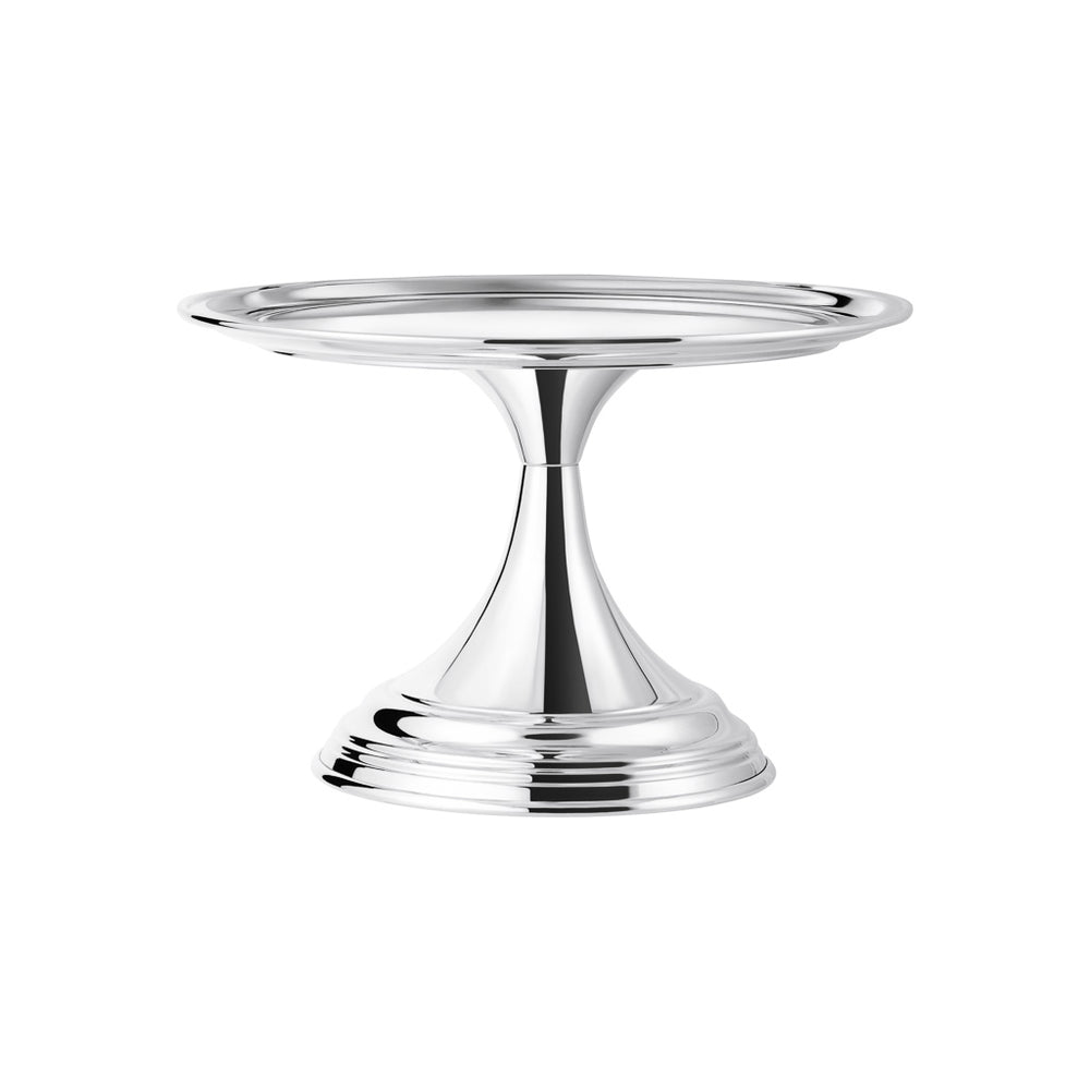 Front view of 8-inch silver-plated pedestal cake stand showing flared base and rolled-edge plate on white background