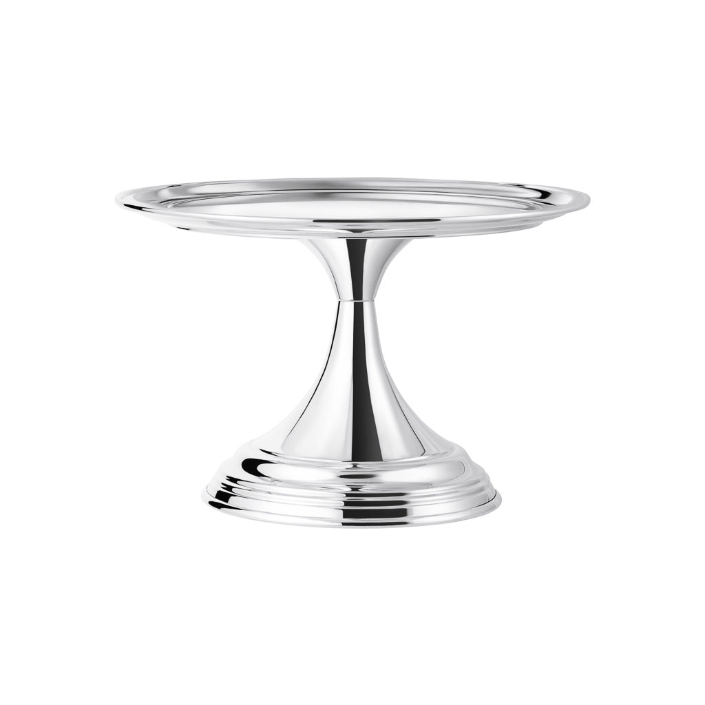 Front view of 8-inch silver-plated pedestal cake stand showing flared base and rolled-edge plate on white background