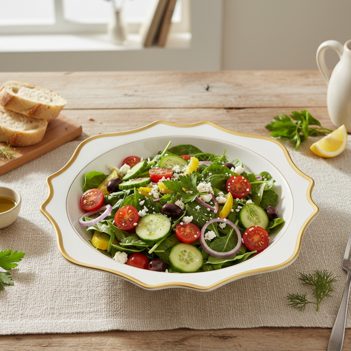 Top view of Antique White Salad and Serving Bowl in Gold Rim showcasing scalloped edge with salad on a table