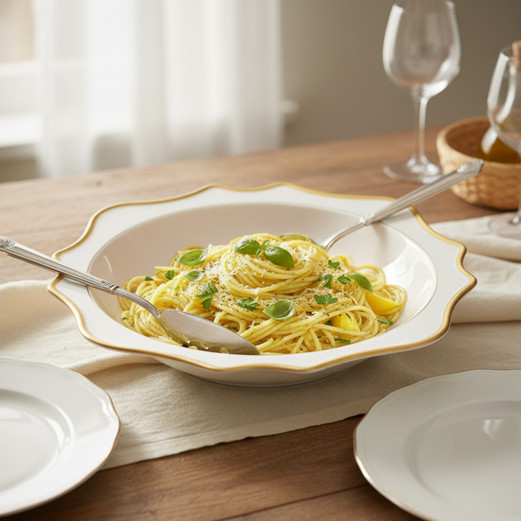 Antique White Salad Serving Bowl in Gold Rim