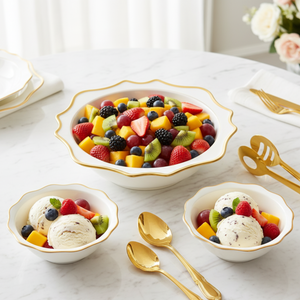 Antique White Salad Serving Bowl in Gold Rim