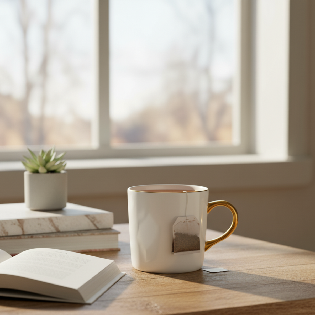 Front view of Antique White Mug in Gold Rim showcasing its golden rim on a sunlit table