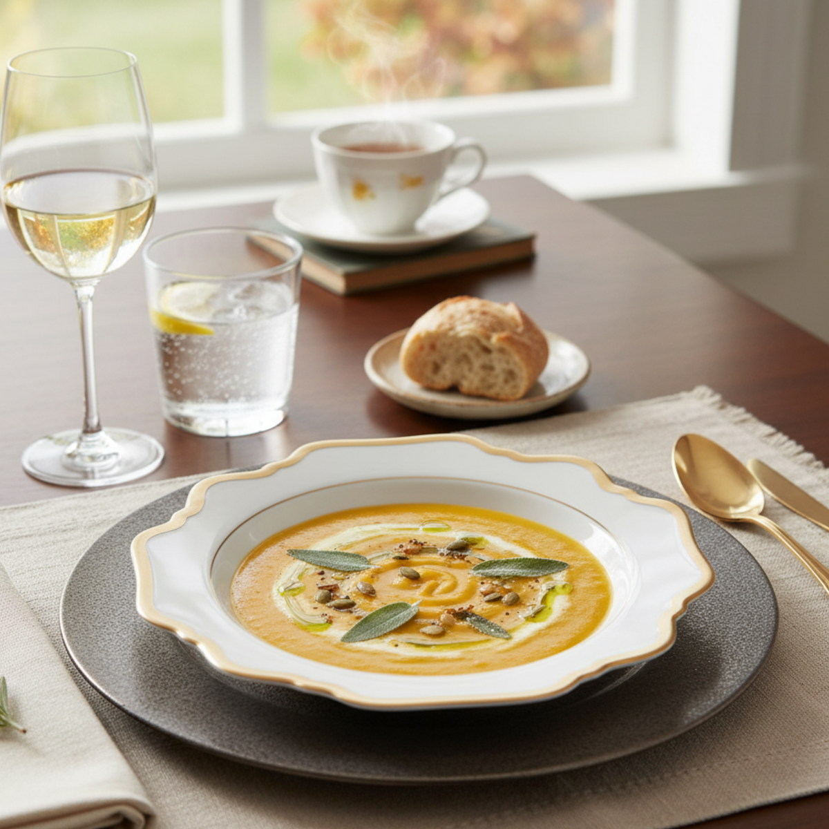 Antique White Rim Soup in Gold Rim