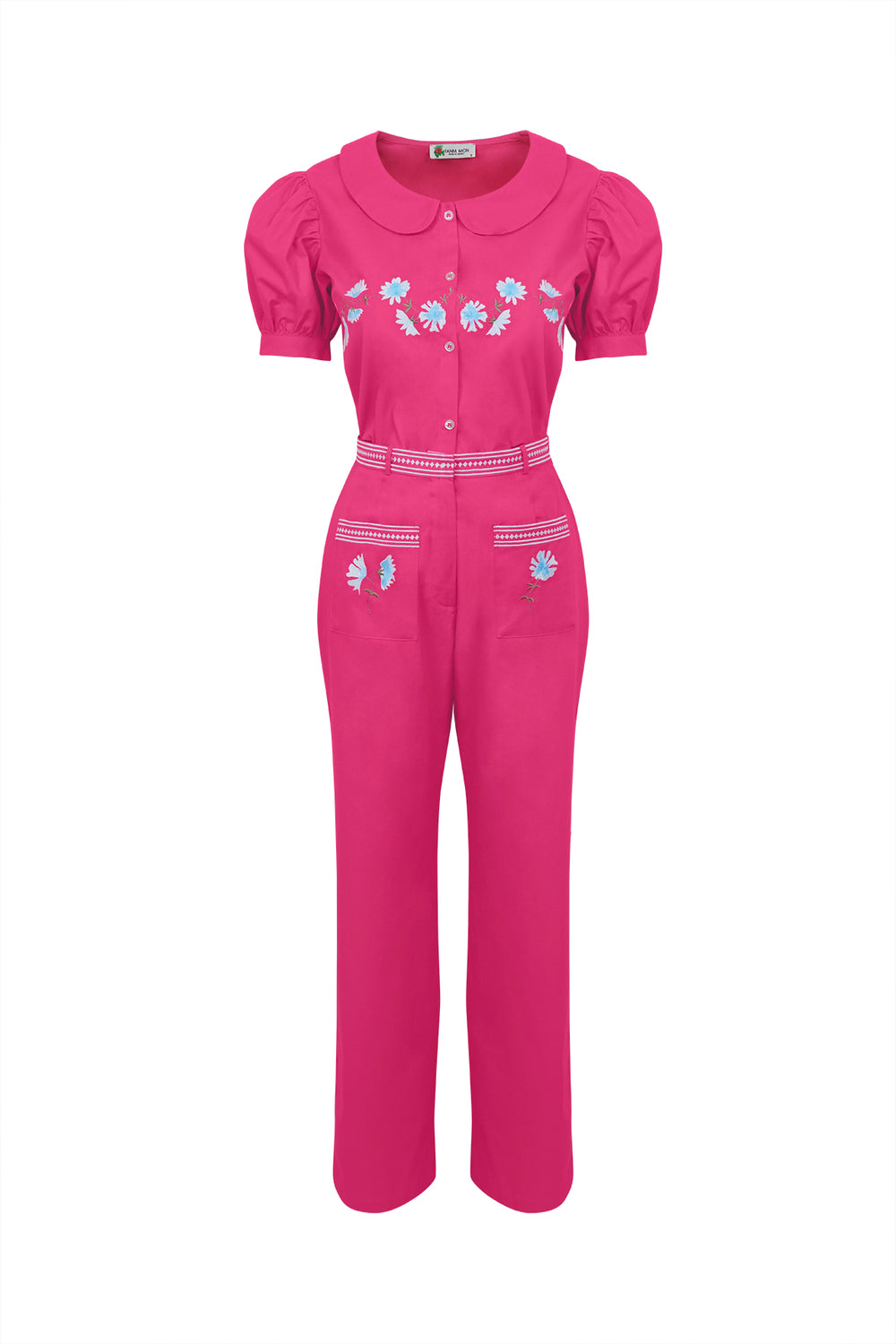 Front view of Ahsen Pant Set in bright fuchsia showcasing puff sleeves, Peter Pan collar and blue floral embroidery on white background