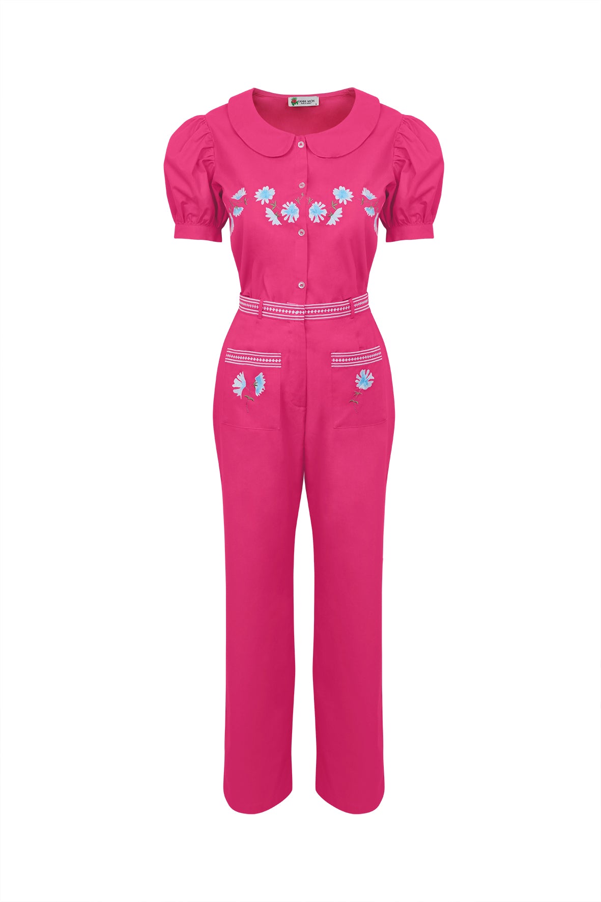 Front view of Ahsen Pant Set in bright fuchsia showcasing puff sleeves, Peter Pan collar and blue floral embroidery on white background