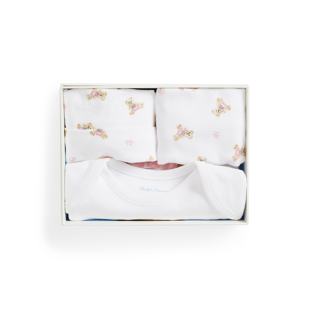 Long Sleeve Interlock Novelty Bear Graphic Set in White, Set of 3