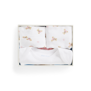 Long Sleeve Interlock Novelty Bear Graphic Set in White, Set of 3