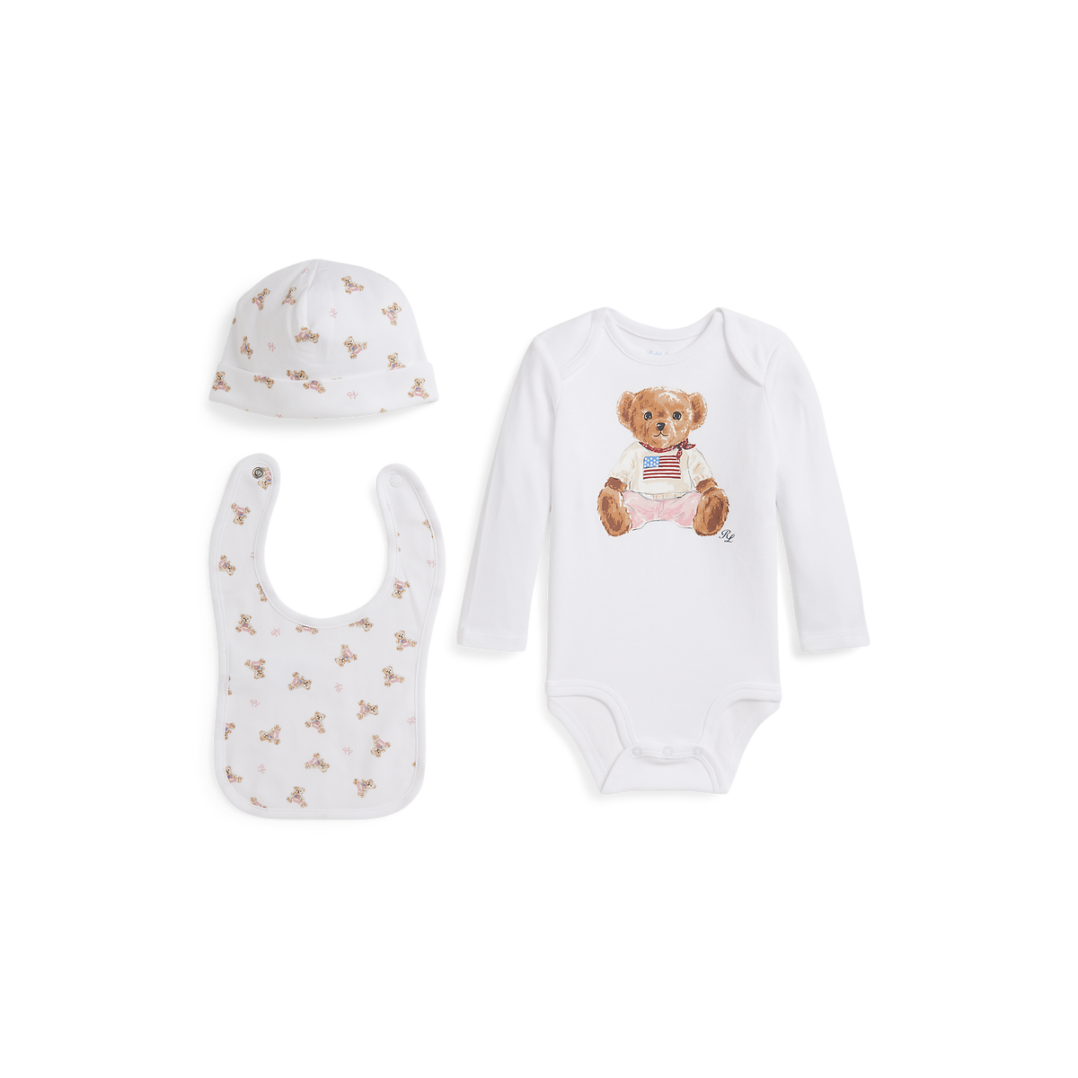 Long Sleeve Interlock Novelty Bear Graphic Set in White, Set of 3