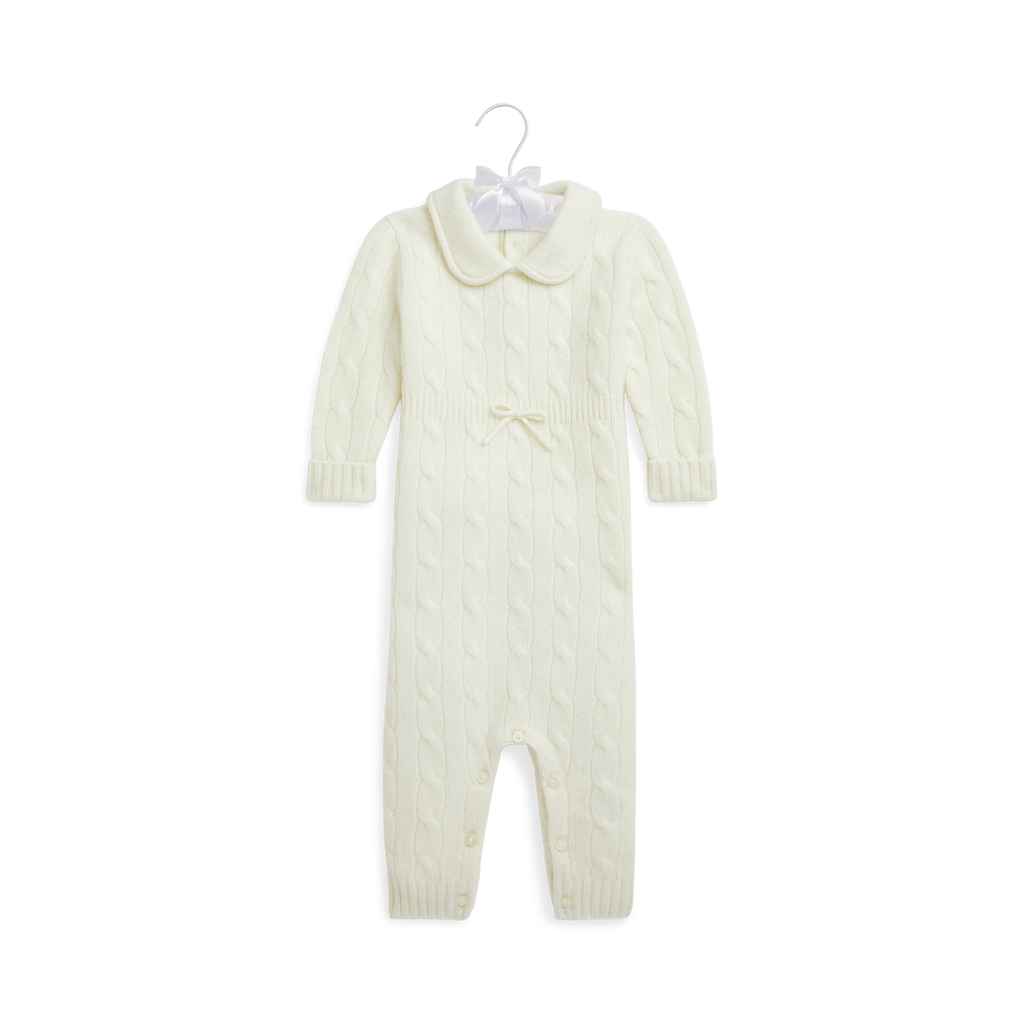 Long-Sleeve Cashmere Cable Knit Coverall in Warm White