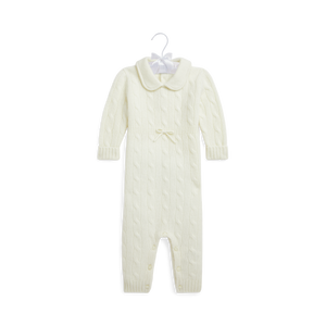 Long-Sleeve Cashmere Cable Knit Coverall in Warm White