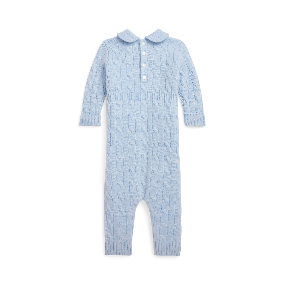 Long-Sleeve Cashmere Cable Knit Coverall in Pearl Blue