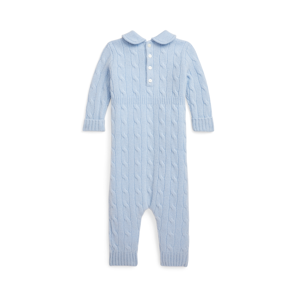 Long-Sleeve Cashmere Cable Knit Coverall in Pearl Blue