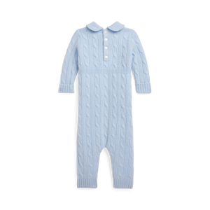 Long-Sleeve Cashmere Cable Knit Coverall in Pearl Blue