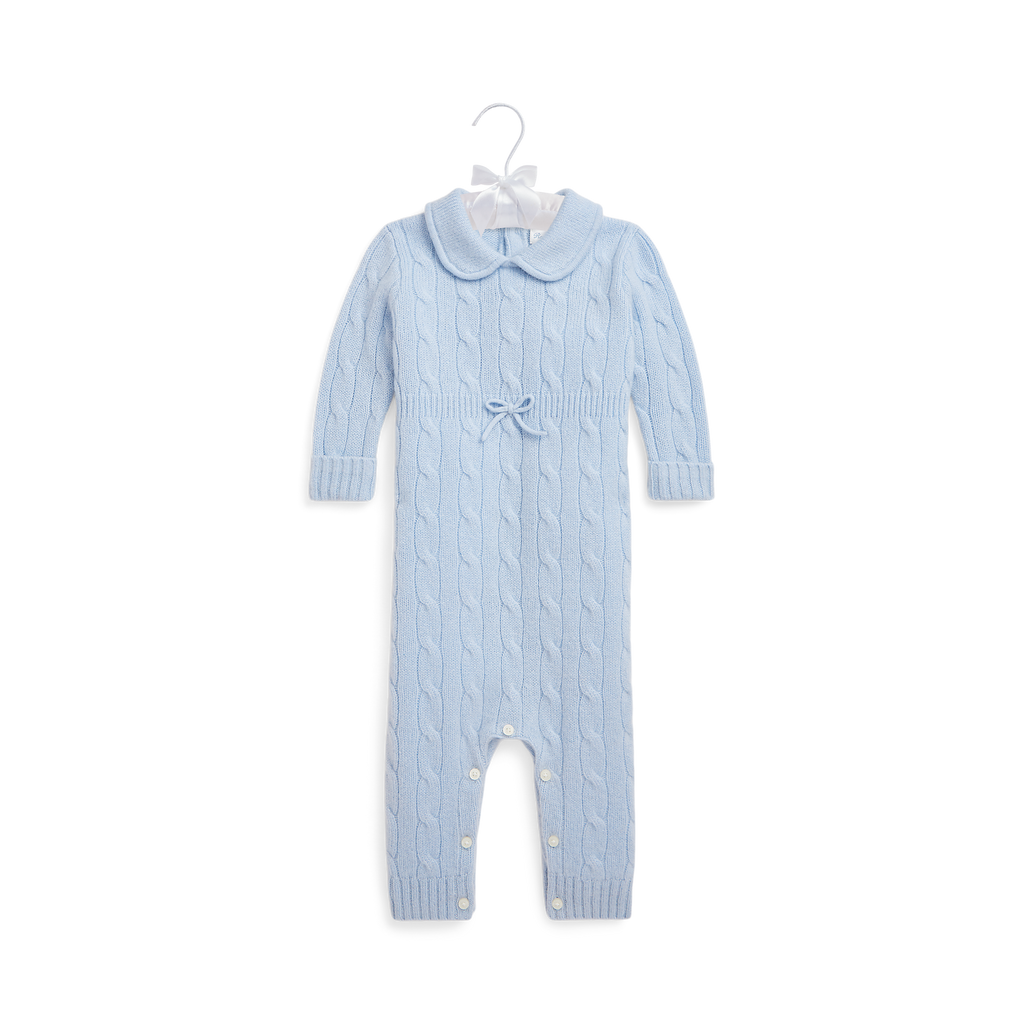 Long-Sleeve Cashmere Cable Knit Coverall in Pearl Blue