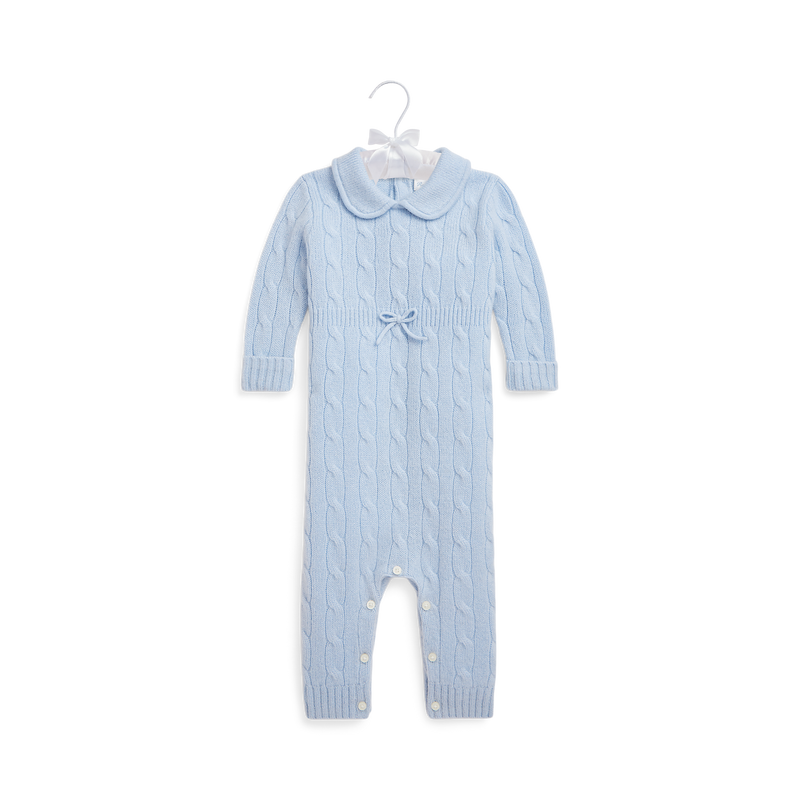 Long-Sleeve Cashmere Cable Knit Coverall in Pearl Blue