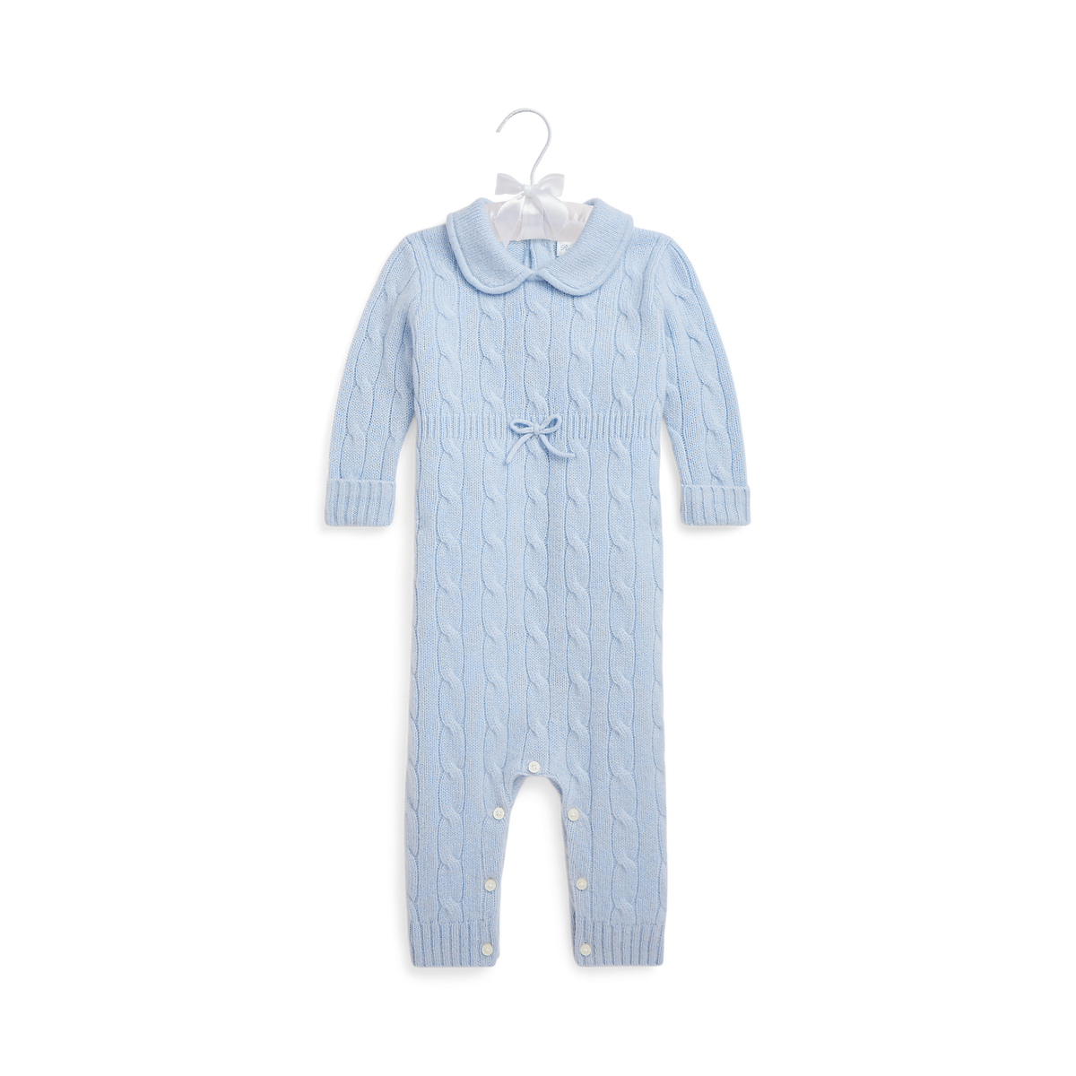 Long-Sleeve Cashmere Cable Knit Coverall in Pearl Blue