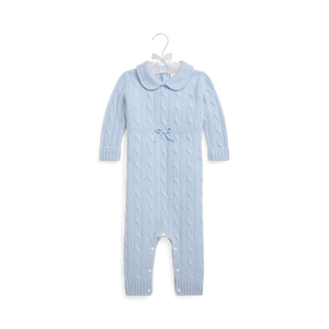 Long-Sleeve Cashmere Cable Knit Coverall in Pearl Blue