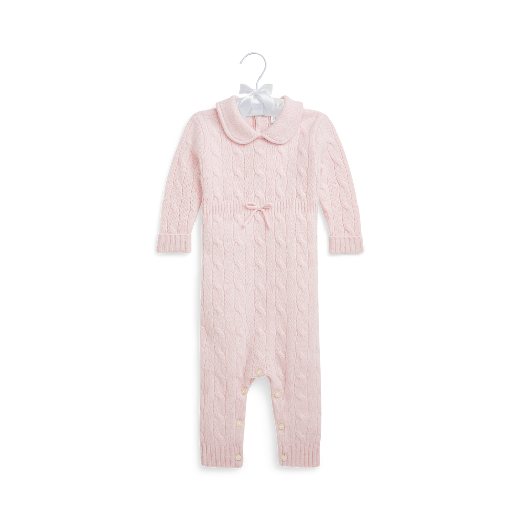 Long-Sleeve Cashmere Cable Knit Coverall in Morning Pink