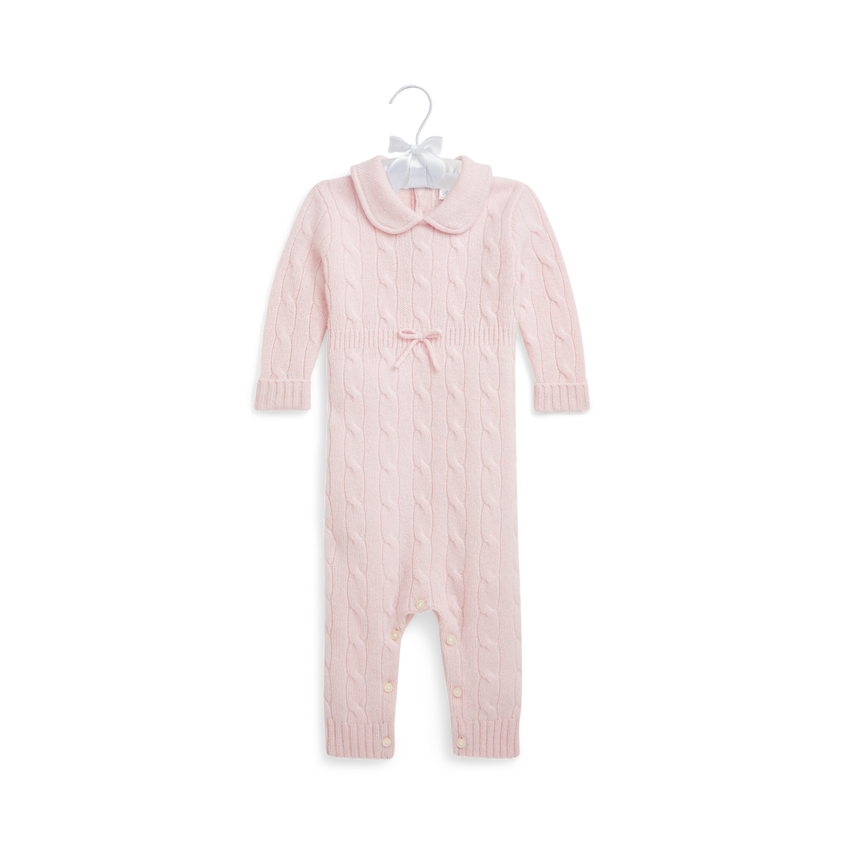 Long-Sleeve Cashmere Cable Knit Coverall in Morning Pink
