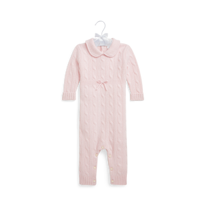 Long-Sleeve Cashmere Cable Knit Coverall in Morning Pink