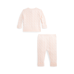 Long-Sleeve Cotton Cable Knit Cardigan with Matching Pant in Morning Pink
