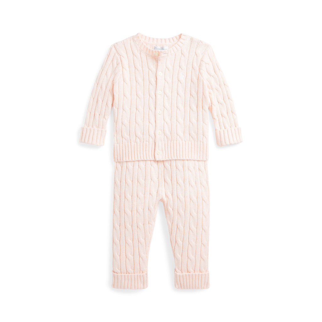 Long-Sleeve Cotton Cable Knit Cardigan with Matching Pant in Morning Pink