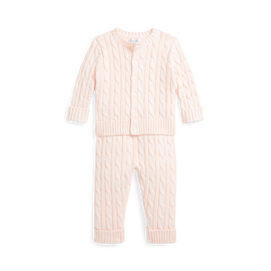 Long-Sleeve Cotton Cable Knit Cardigan with Matching Pant in Morning Pink