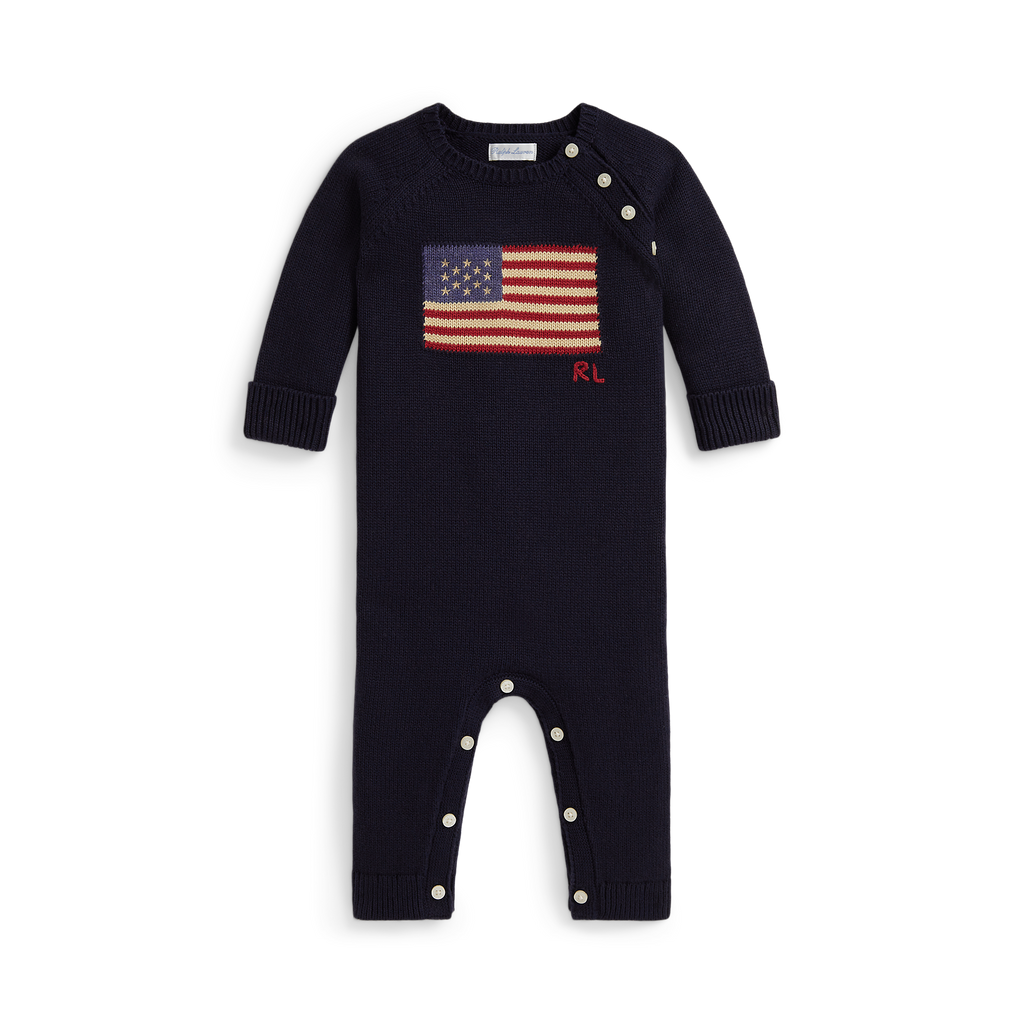 Long-Sleeve Combed Cotton Flag Sweater Coverall in Navy