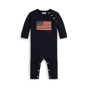 Long-Sleeve Combed Cotton Flag Sweater Coverall in Navy