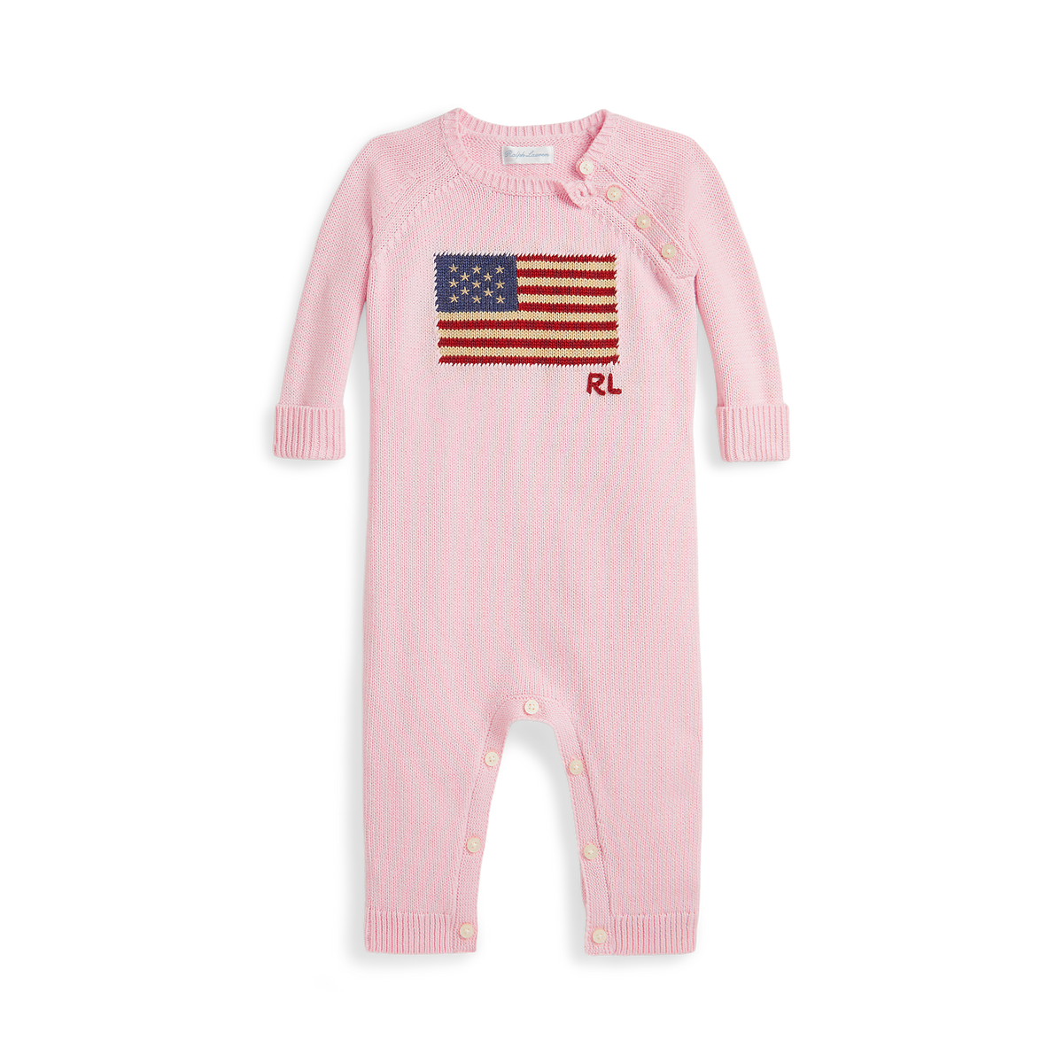 Long-Sleeve Combed Cotton Flag Sweater Coverall in Pink