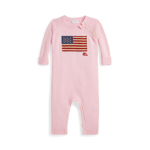 Long-Sleeve Combed Cotton Flag Sweater Coverall in Pink
