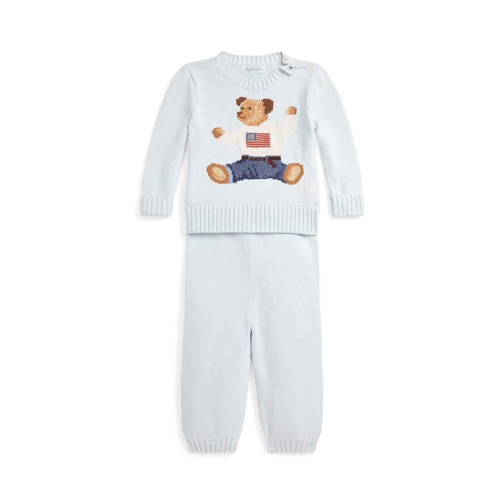 Long-Sleeve Cotton Novelty Flag Bear Sweater with Matching Pant