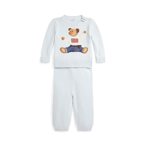 Long-Sleeve Cotton Novelty Flag Bear Sweater with Matching Pant