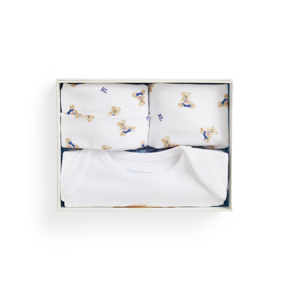 Long-Sleeve Interlock Novelty Bear Set in White Box Set, Set of 3