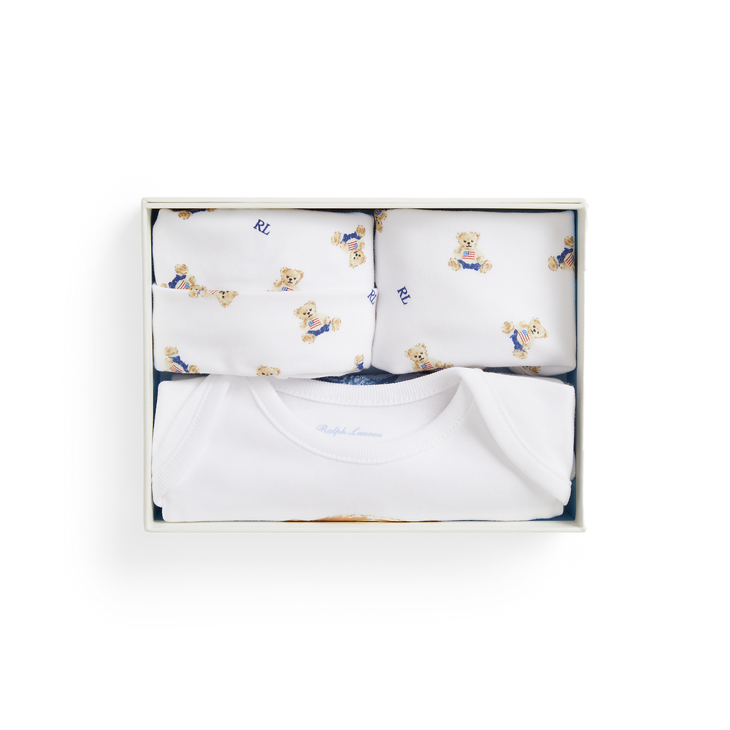 Long-Sleeve Interlock Novelty Bear Set in White Box Set, Set of 3