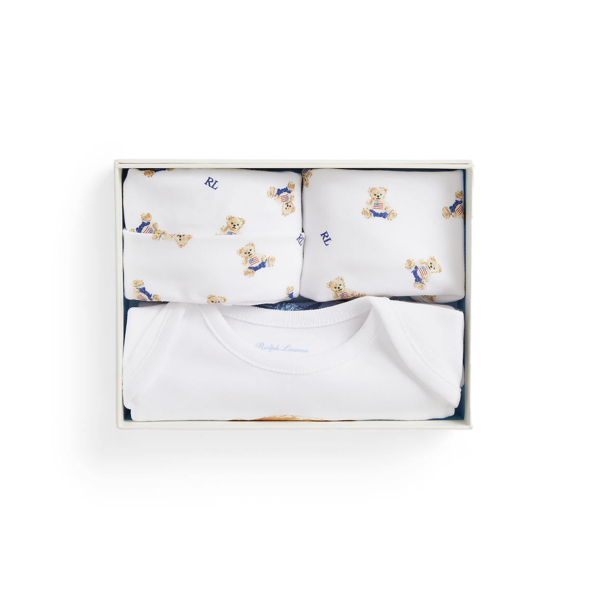 Long-Sleeve Interlock Novelty Bear Set in White Box Set, Set of 3