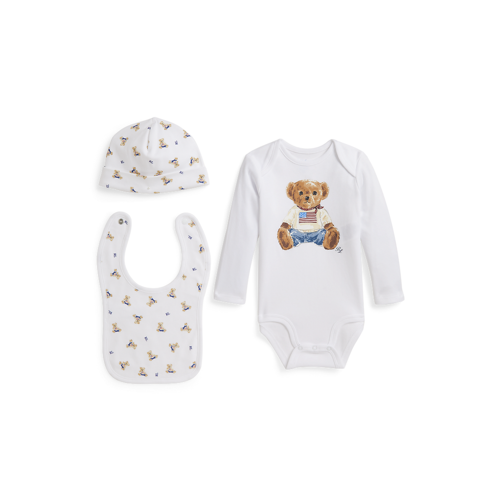 Long-Sleeve Interlock Novelty Bear Set in White Box Set, Set of 3