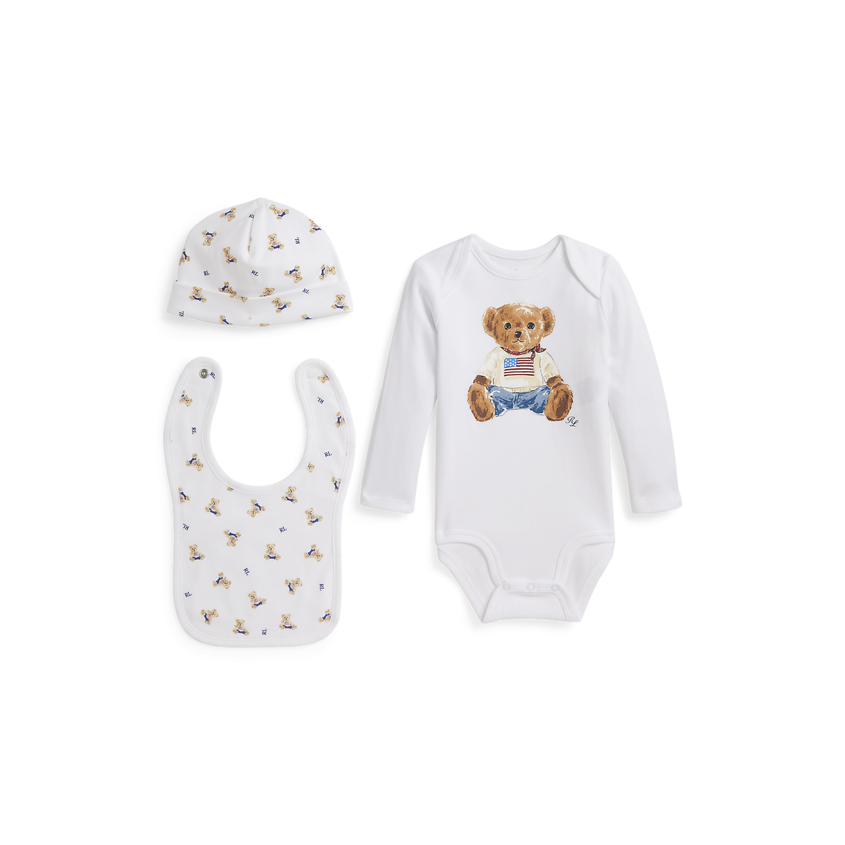 Long-Sleeve Interlock Novelty Bear Set in White Box Set, Set of 3