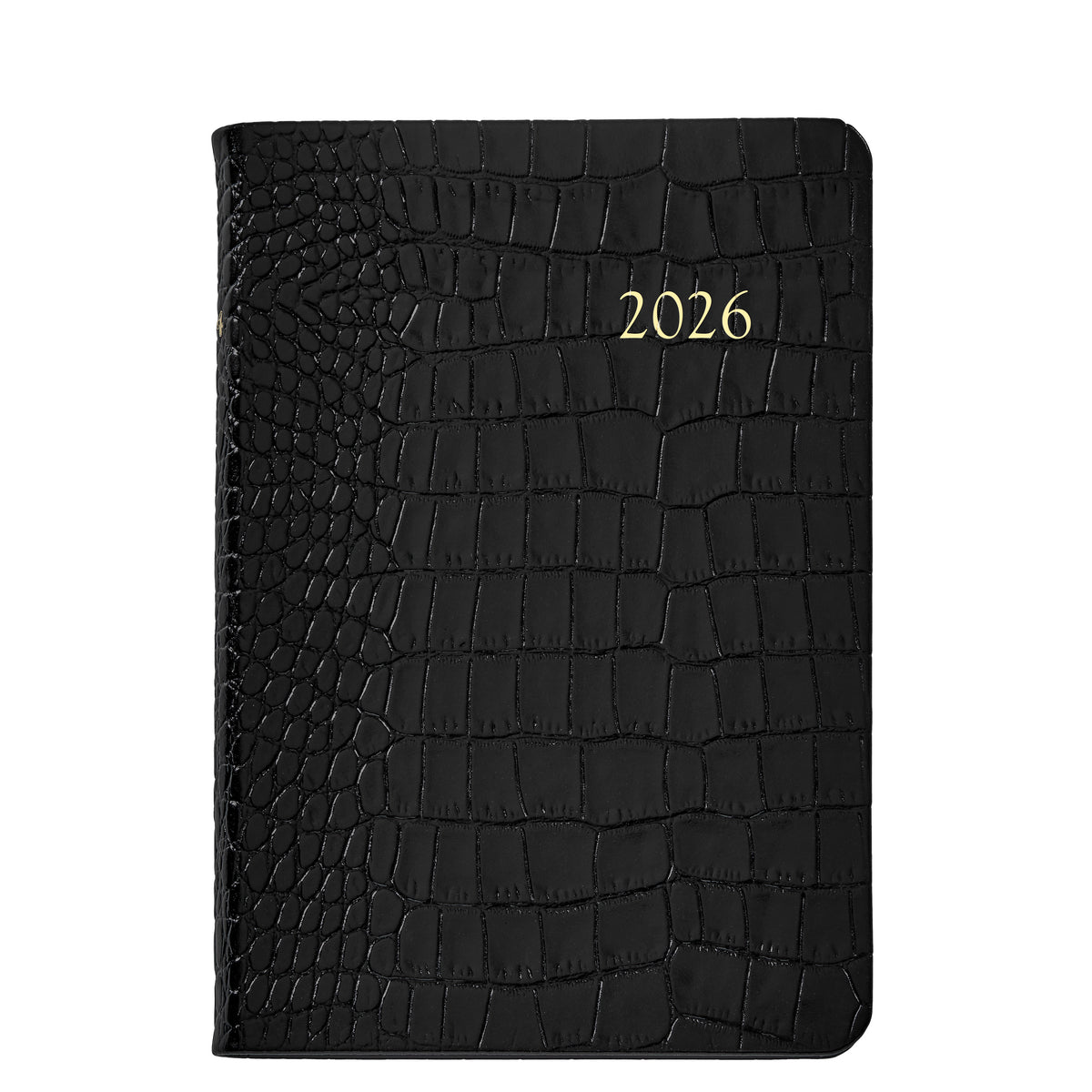 Front view of 2026 Embossed Crocodile Leather Journal showing black crocodile-embossed cover with gold-foil 2026 on white
