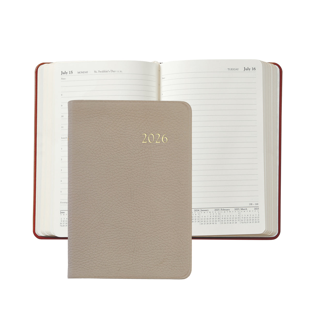 Front view of 2026 Daily Journal in Beechwood pebble grain leather showing gold 2026 foil stamped cover and open daily pages