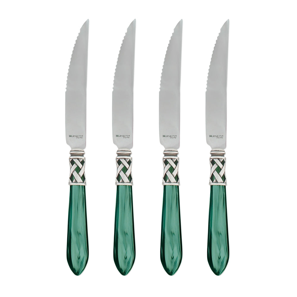Front view of Aladdin steak knives, set of 4, showcasing green pearlized handles and silver lattice collars on white background