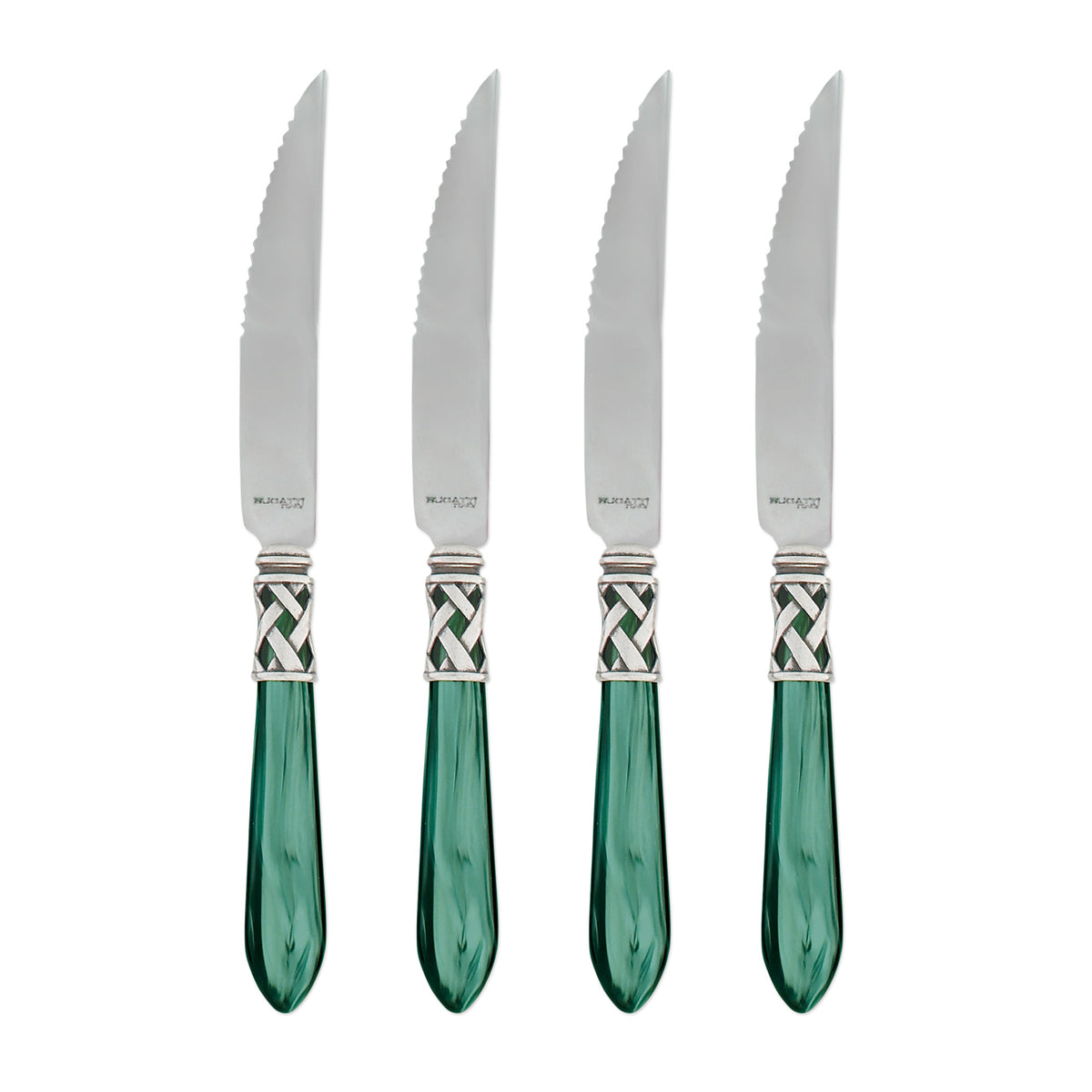 Front view of Aladdin steak knives, set of 4, showcasing green pearlized handles and silver lattice collars on white background