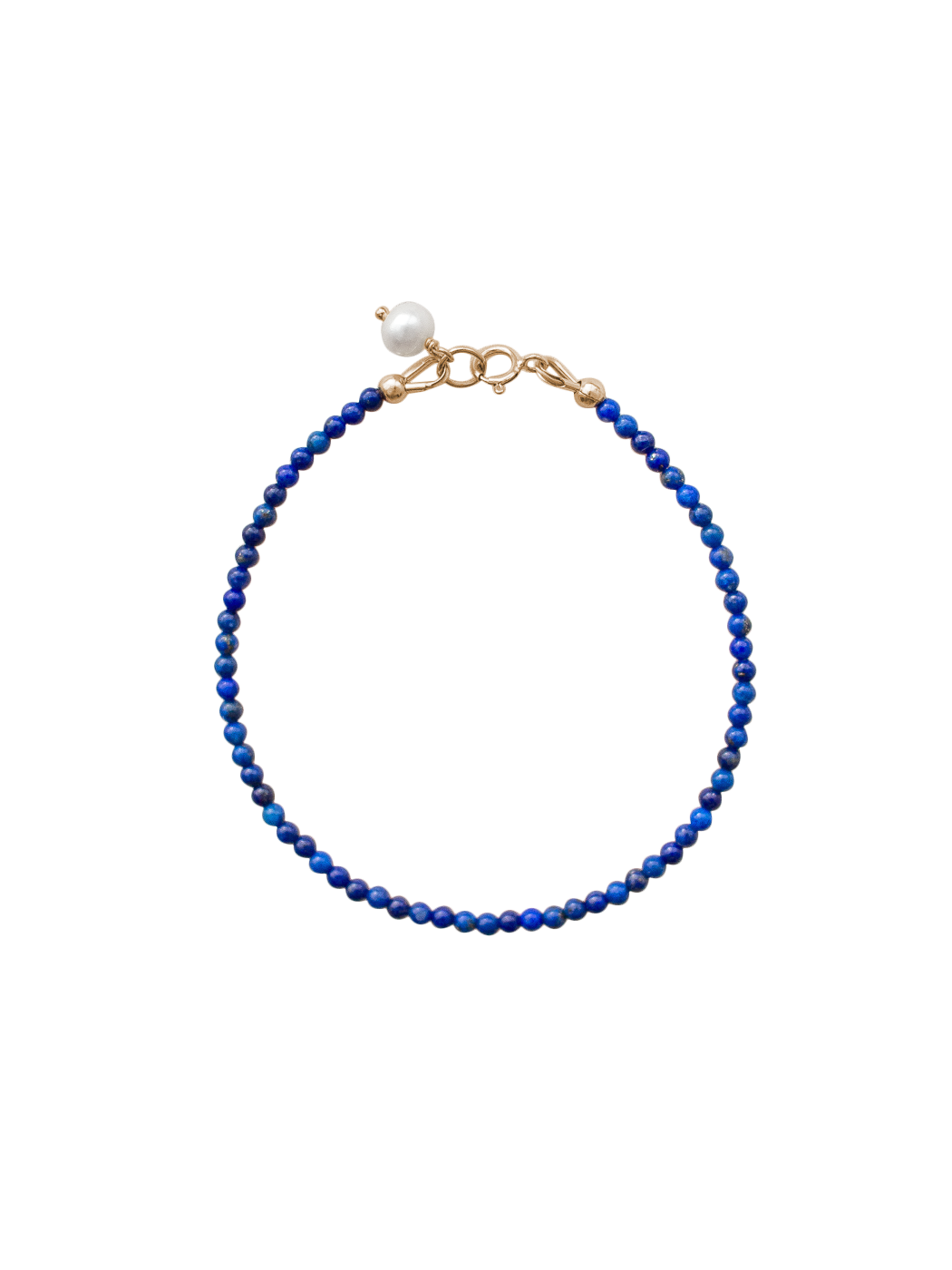 Top view of Alice Bracelet in blue showcasing lapis lazuli beads, a freshwater pearl charm, and gold-filled clasp
