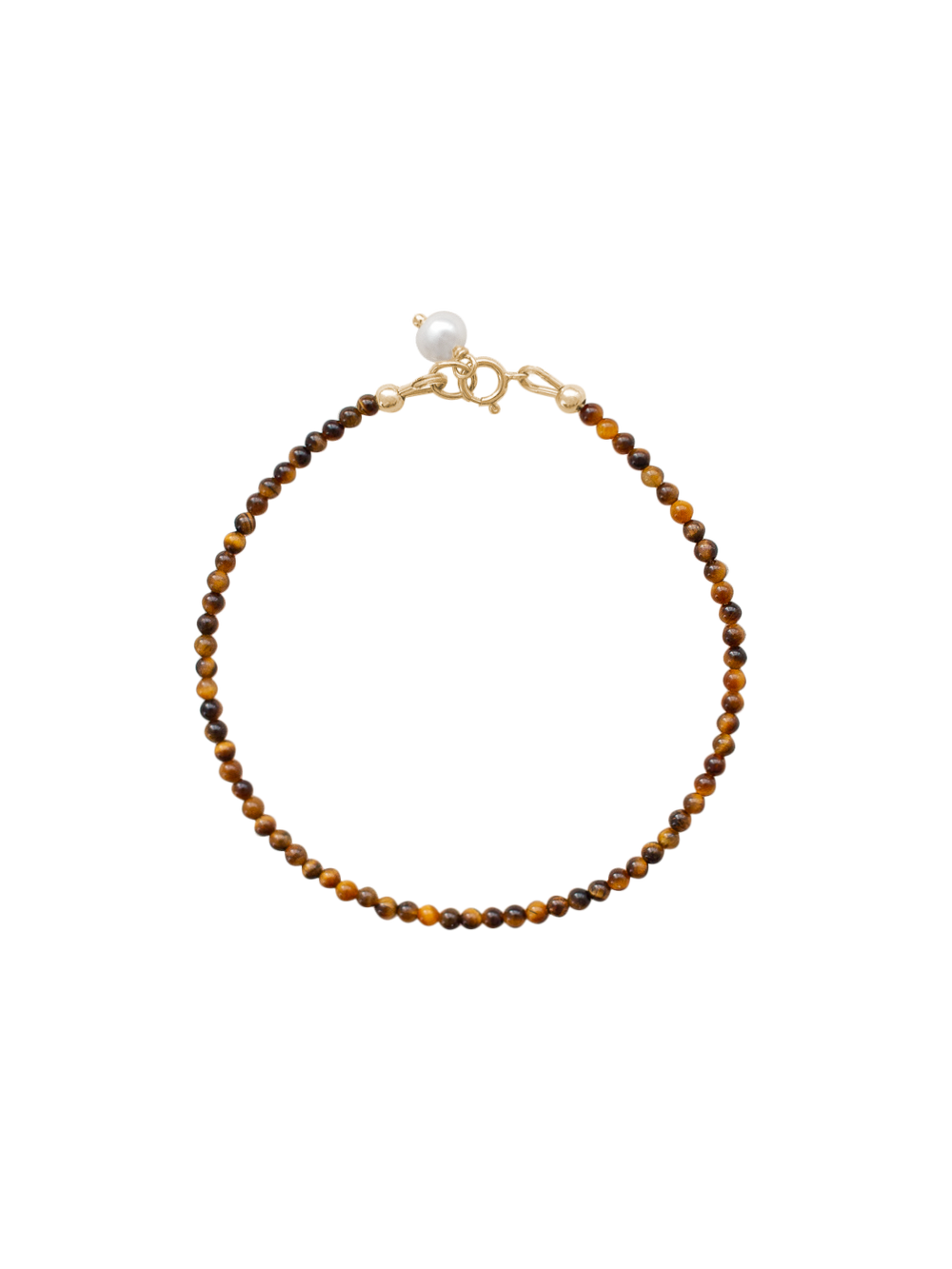 Top view of Alice Bracelet with brown tiger eye beads, freshwater pearl accent, and gold-filled spring ring on white