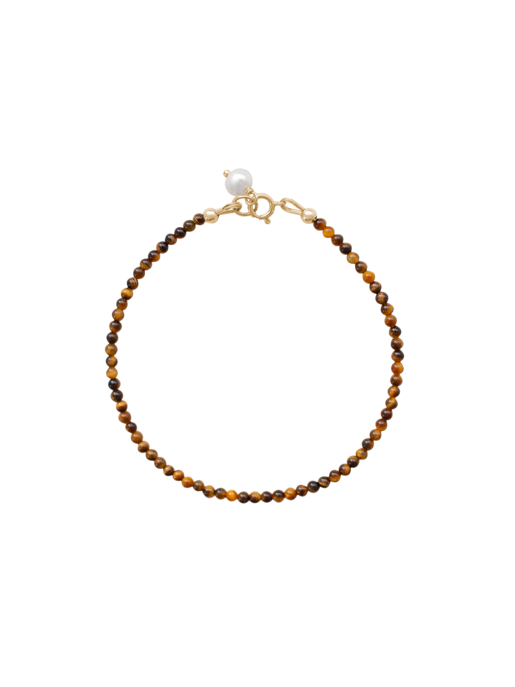 Top view of Alice Bracelet with brown tiger eye beads, freshwater pearl accent, and gold-filled spring ring on white