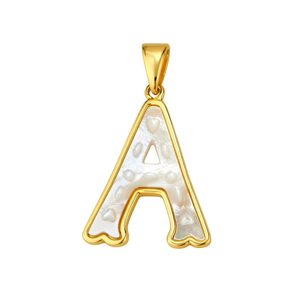 Front view of Letter A charm with mother of pearl inlay and 14K gold dipped border on white background