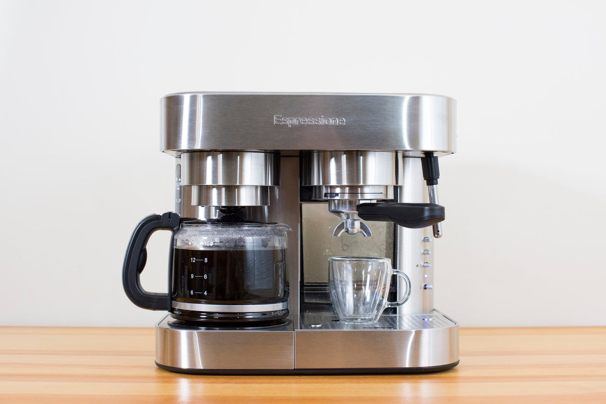 Front view of Combination Espresso Machine & 10-Cup Drip Coffeemaker with stainless steel body, marked carafe, and steam wand