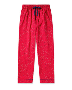 The Mens Twill Pajama Pant in Anchors Away by Petite Plume is made from premium cotton with a small white dotted pattern. It features a navy blue drawstring at the waist and navy piping at the cuffs, blending comfort with style.